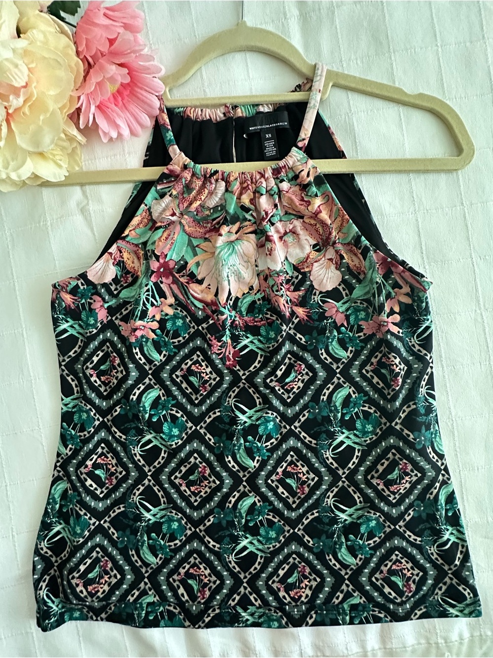 White House Black Market BRAND NEW Black Halter Floral Print Top!
